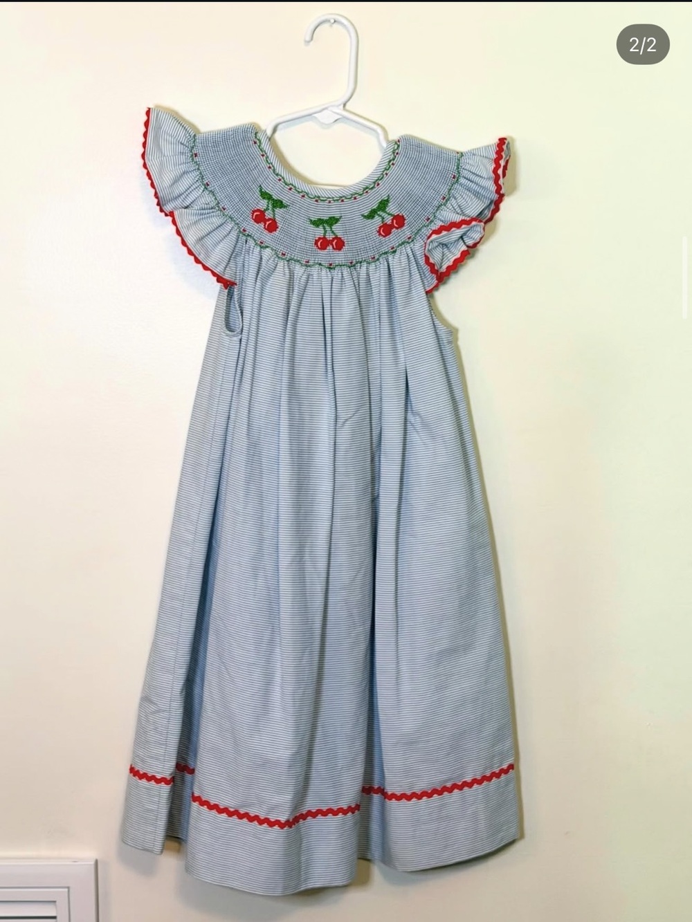 Marco and Lizzy Blue Striped Smocked Cherry Dress with Red Trim